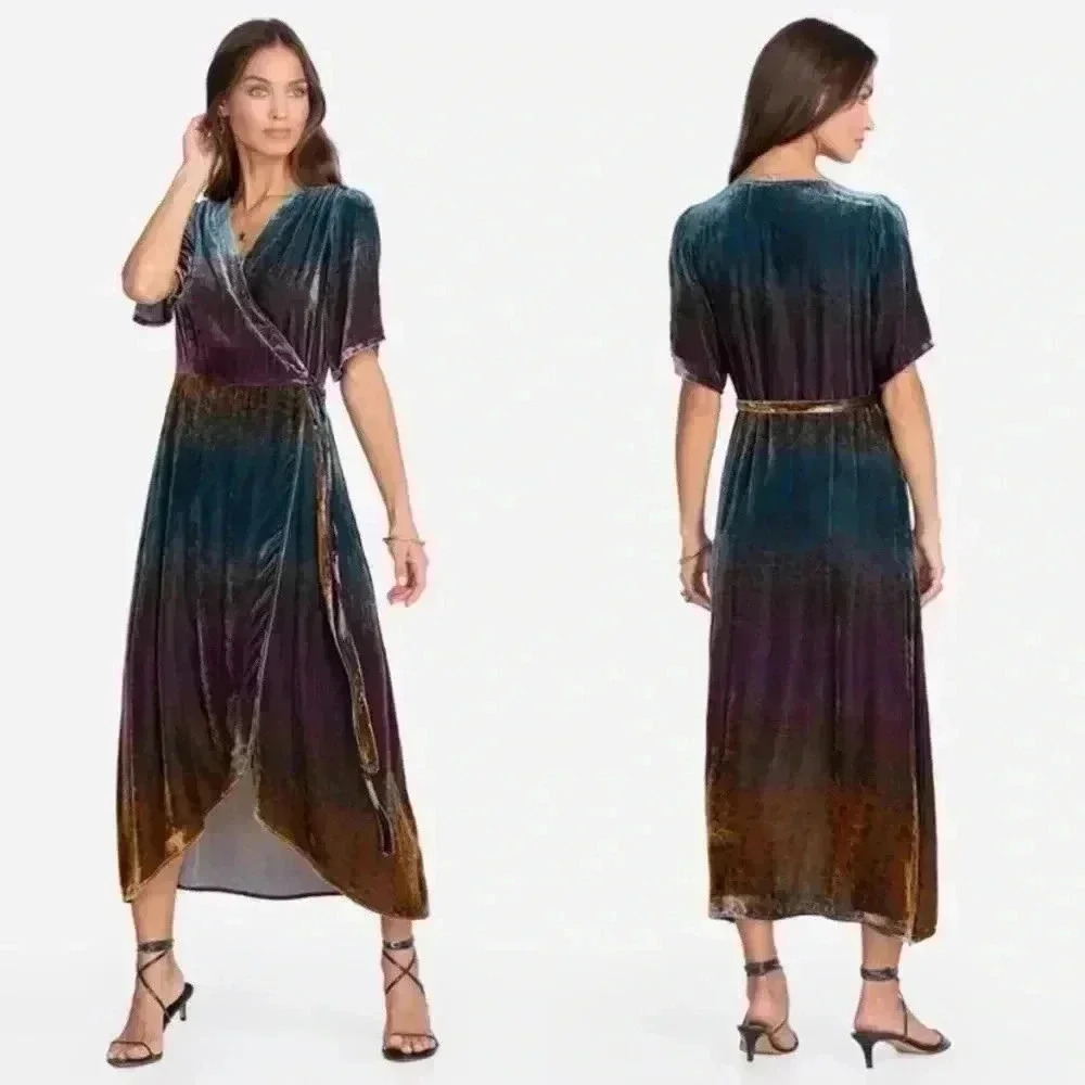 NWOT JOHNNY WAS Ombre Cheetah Print Velvet Midi Silk Wrap Dress Size XS - Picture 8 of 16